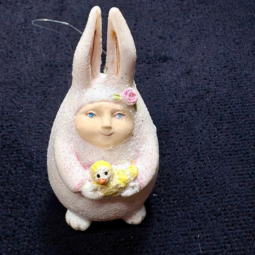 Department 56 Krinkles Pink Mini Bunny Easter‎ Ornament Ears Up w/ Chick Vintage